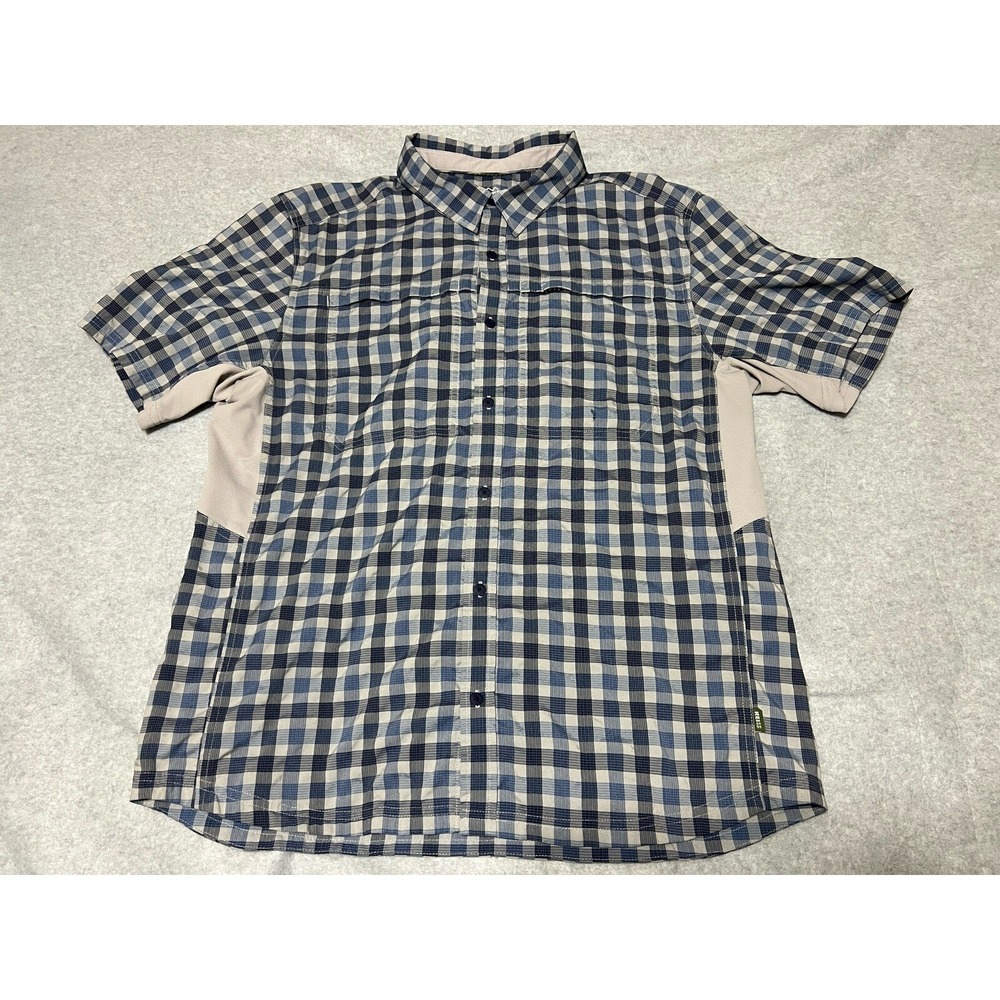 REI Shirt Men's Large Blue Sahara Explore Plaid Travel Hike Camp Fish Gorpcore